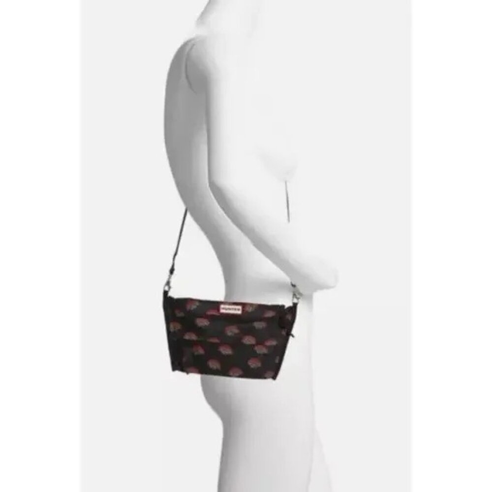 BNWT HUNTER ORIGINAL PACKABLE CROSSBODY BAG BLACK W/MINI RAINBOWS 10"x6"x4"